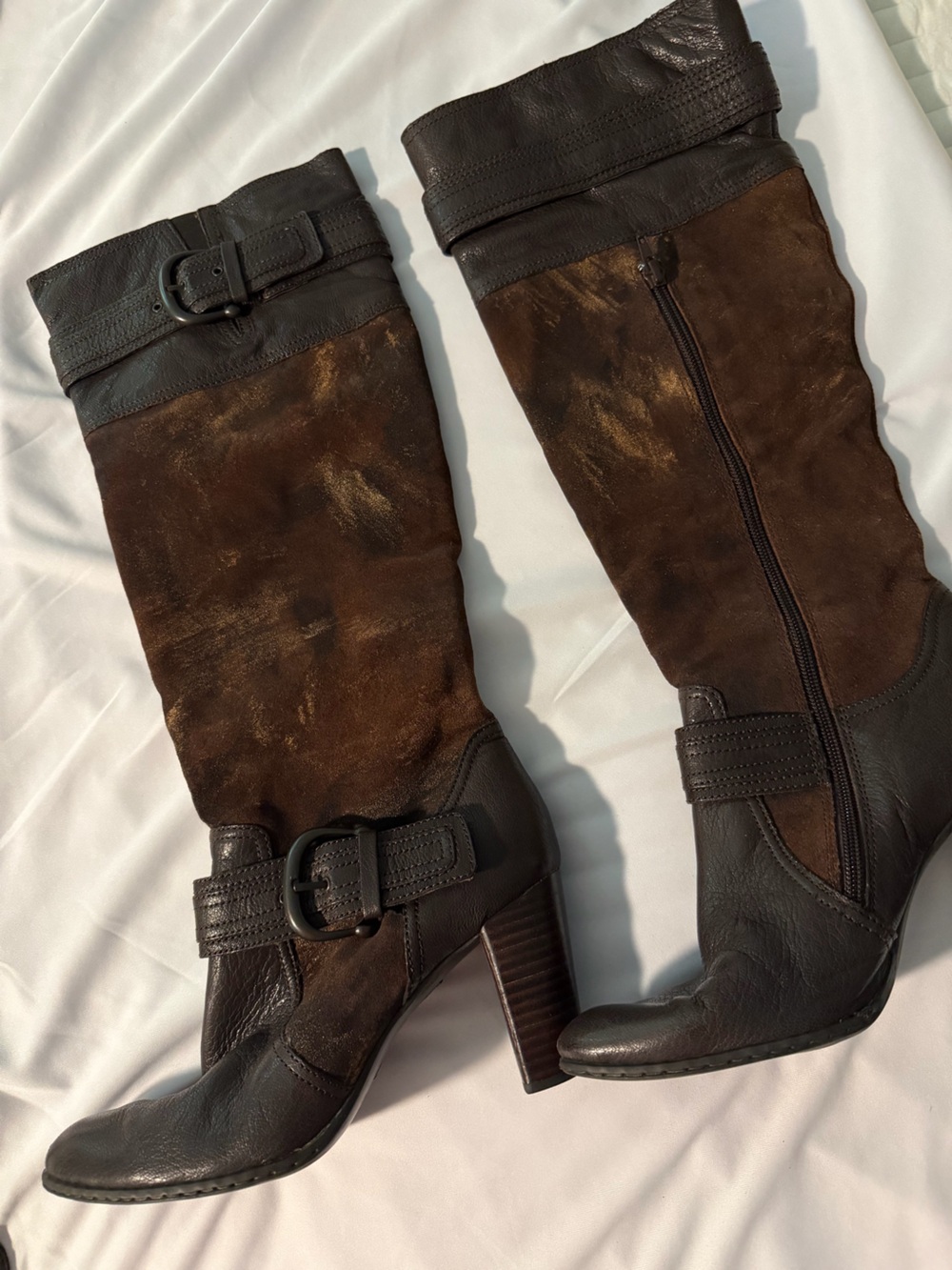 Women's Brown Suede & Leather Heeled Tall Boots